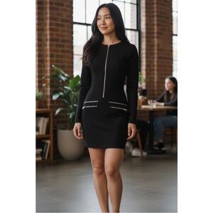 Diesel Moto Bodycon Black Long-Sleeve Mini Dress with Silver Zips Y2K